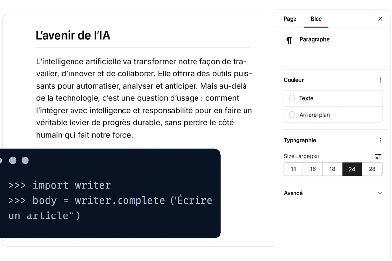 interface de logiciel de gestion de contenu, probablement un éditeur de texte ou de blog. Sur la gauche, on voit un aperçu d'un article intitulé, L'avenir de l'IA.Le texte de l'article discute de la transformation du travail par l'intelligence artificielle et de l'importance de l'intégrer avec intelligence et responsabilité
