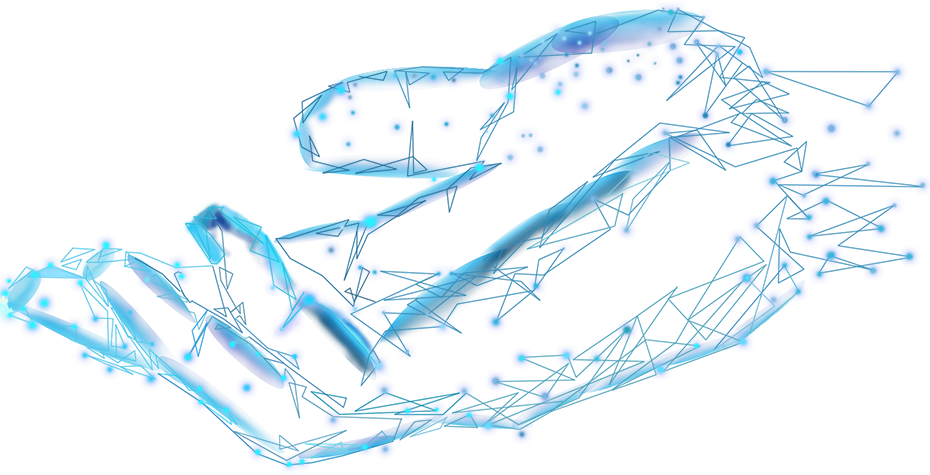 Cette image représente une main stylisée en 3D, composée de structures géométriques et de lignes connectées, évoquant un réseau technologique ou neuronal. Les doigts sont représentés par des volumes allongés en dégradés de bleu, avec des points lumineux et des connexions fines, rappelant une main robotique ou une interface numérique. En arrière-plan, des motifs hexagonaux et circulaires suggèrent un environnement cybernétique ou d’intelligence artificielle, renforçant l’idée d’interconnexion et de haute technologie. Le tout donne une impression futuriste et digitale.