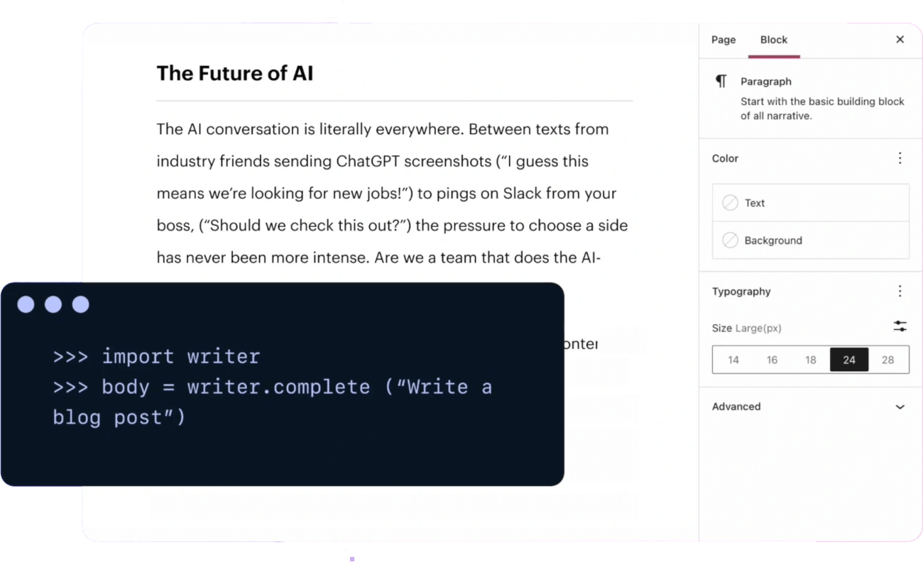 Content management software interface, likely a text or blog editor. On the left, there's a preview of an article titled, The Future of AI. The article's text discusses how artificial intelligence is transforming work and the importance of integrating it intelligently and responsibly.